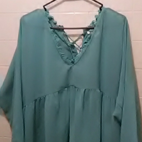 Blue-Green V Neck Semisheer fringed top - Picture 4 of 8